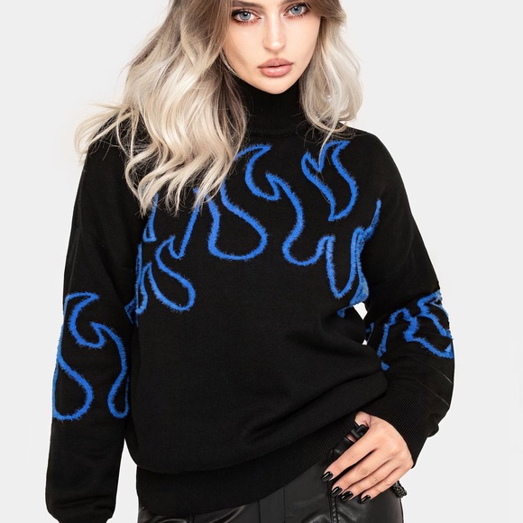 Disturbia Sweaters - Disturbia Blaze Black Fleece Sweater Jumper with Blue Flames